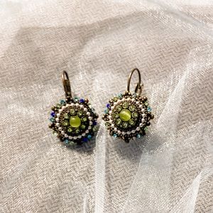 Beaded Green and Blue Brass Color Dangle Earrings